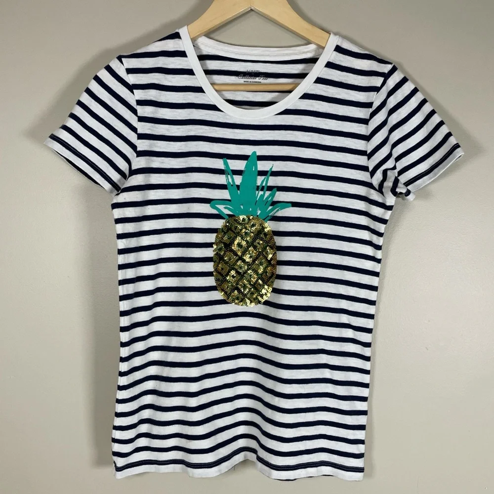 J.CREW Women’s Nautical Striped Sequin Pineapple‎ Collectors Tee Sz Small Preppy